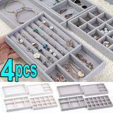 Lot de 4 plateaux à bijoux empilables en velours, boîte de rangement pour présentoir de bijoux, boîte de rangement portable pour bagues, boucles d'oreilles, colliers, porte-bijoux