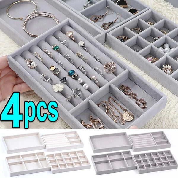 4pcs Velvet Stackable Jewelry Tray Case Jewelry Display Storage Box Portable Ring Earrings Necklace Organizer Box Jewelry Holder