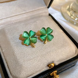 Korean Version Green Heart Shape Four-leaf Clover Earrings Women's All-match Temperament Earrings Gold Color Earrings