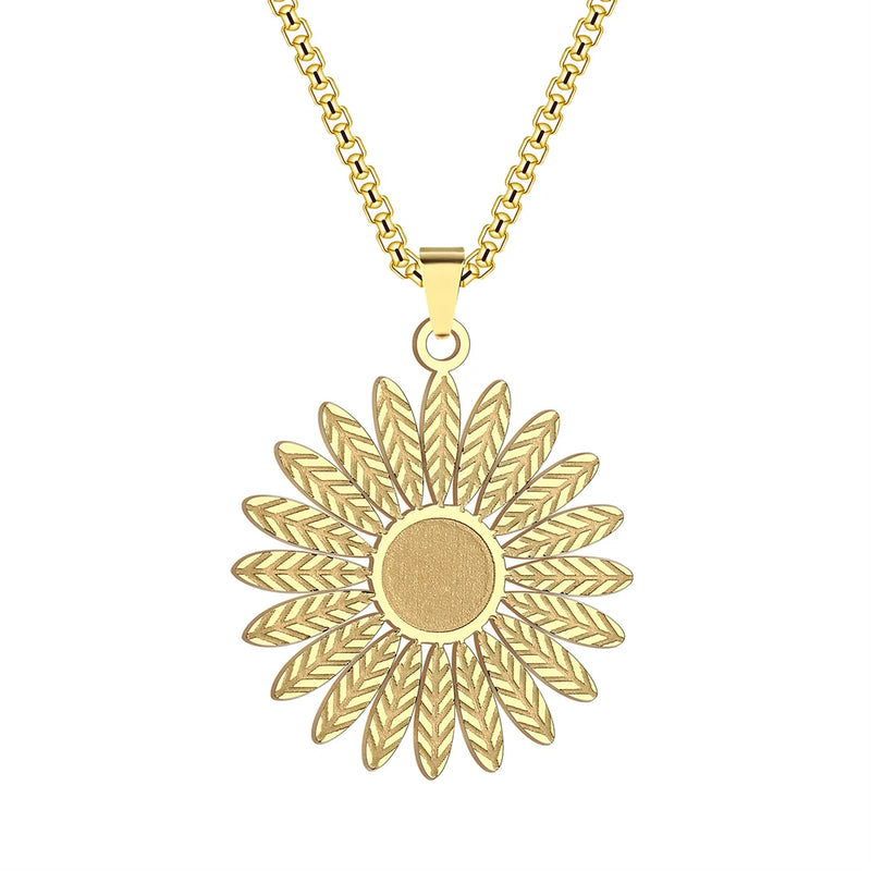 CHENGXUN Stainless Steel Gold Sunflower Pendant Necklace for Men Women Flower Daisy Floral Charm Chain Hip Hop Jewelry Gift