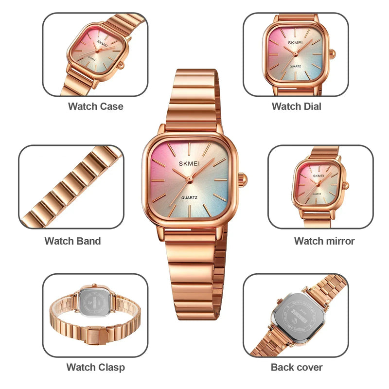 SKMEI 2190 Reloj de pulsera de cuarzo para mujer, resistente al agua, con correa de acero inoxidable, de lujo