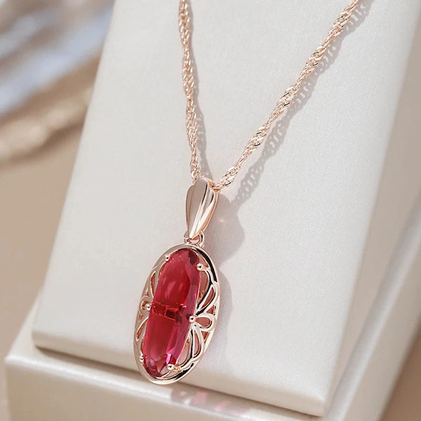 Kinel Hot Oval Red Natural Zircon Pendant Necklace for Women Fashion 585 Rose Gold Color High Quality Daily Fine Vintage Jewelry