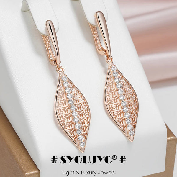 SYOUJYO Vintage Shiny Natural Zircon Long Drop Earrings For Women Leaf Shape 585 Rose Gold Color Fine Jewelry Luxury Gift