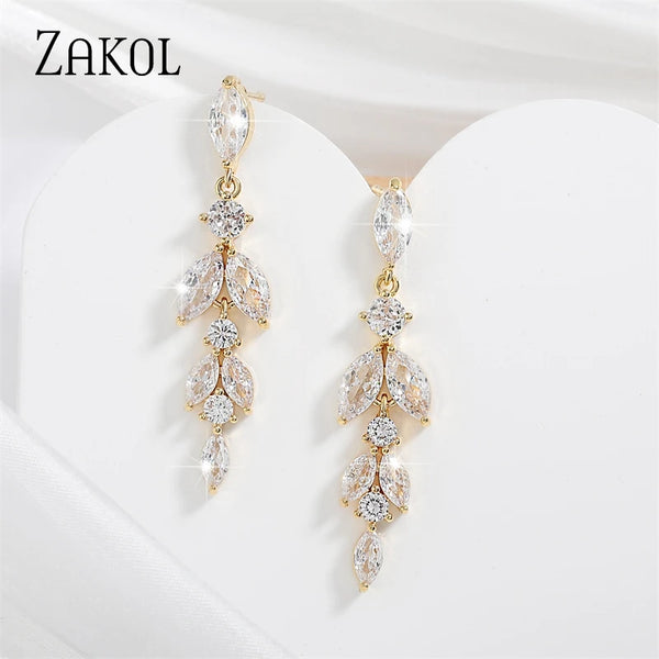 ZAKOL Elegant Leaf Shaped Zirconia Dangle Earrings for Women Shiny CZ Bridal Long Earring Luxury Wedding Engagement Jewelry