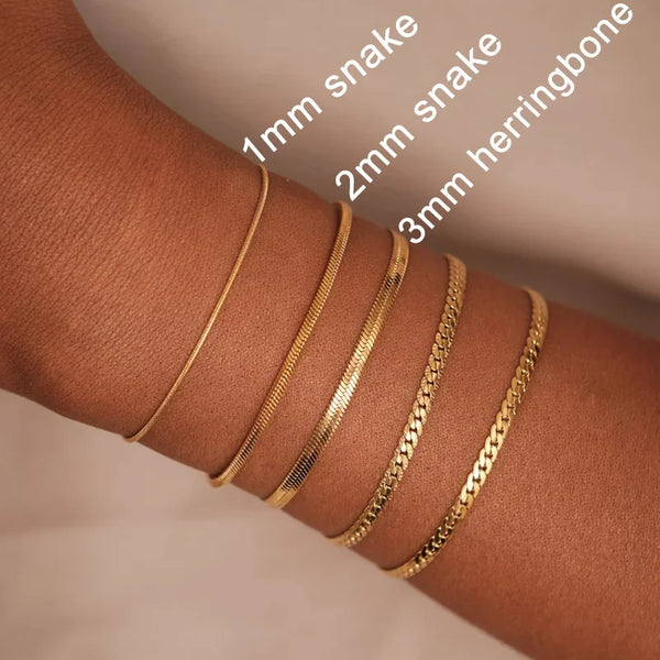 Vnox Minimalist Women Snake Chain Bracelet, Gold Color Blade Herringbone Chain with  Stamp, Adjustable Girl Trendy Jewelry