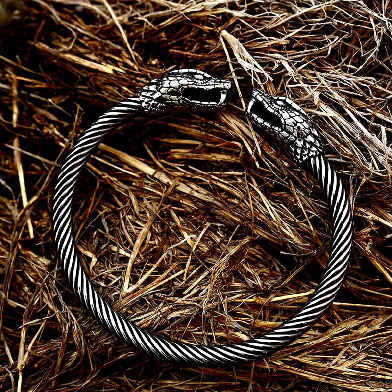 Pulsera de acero inoxidable 316L ajustable con cabeza de lobo doble vikinga clásica de Beier para hombre, joyería de moda con cabezas de serpiente dobles