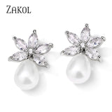 ZAKOL Fashion Simple Leaf Cubic Zirconia Pearl Drop Stud Earrings for Women Elegant Bride and Bridesmaid Earring Wholesale