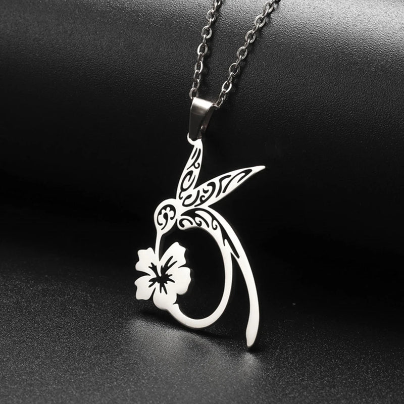 My Shape Hummingbird Flower Pendant Necklaces for Women Girls Bird Floral Stainless Steel Chain Choker Fashion Jewelry Gifts