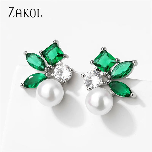 ZAKOL Simple Green Leaf Shape Pearl Stud Earrings for Women Cute Round Marquise Zircon Earring Wedding Party Jewelry EP5557