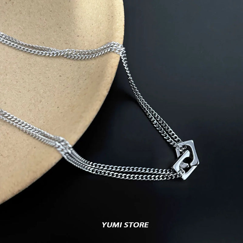 Trend Double Block Lock Necklace For Man Woman Titanium Steel Simple Pendant Collar Chain New Unisex Jewelry Wholesale