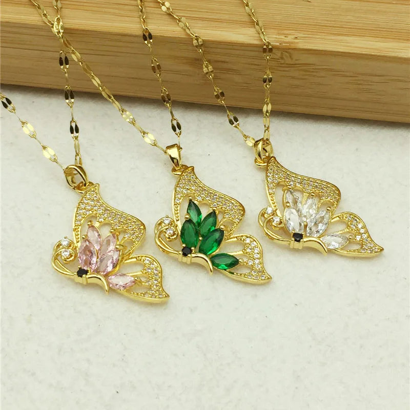 Luxury Zircon Butterfly Pendant Necklace Stainless Steel Fashion Simple Choker Jewelry Birthday Gifts For Women Girls