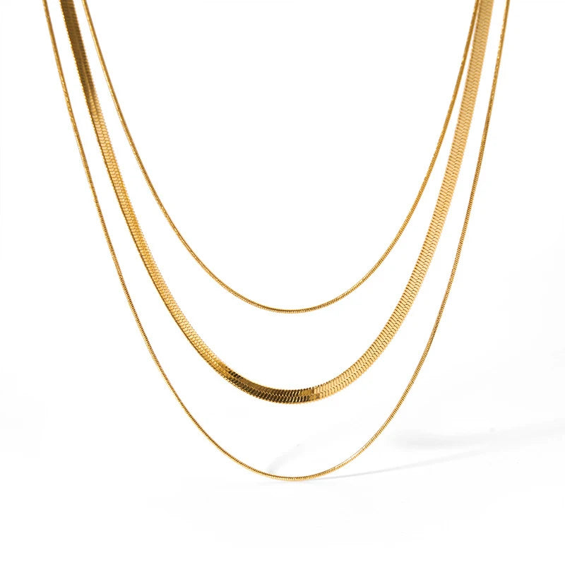 18K Gold Plated Stainless Steel Flat Snake Herringbone Layering Necklaces For Women Girl  Waterproof  Layered Chains Jewelry