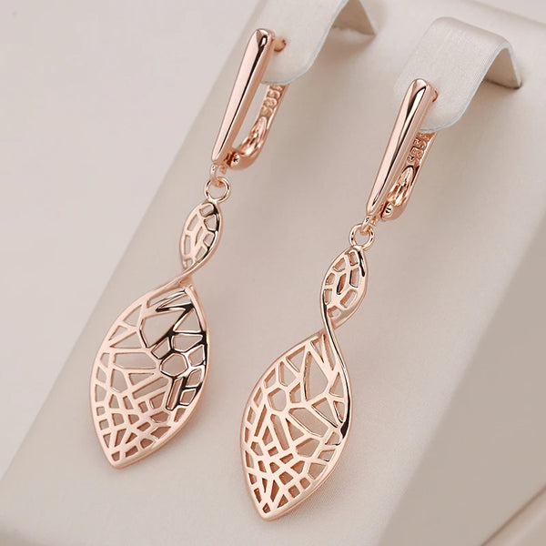 Kinel Hot 585 Rose Gold Color Leaf Shape Long Drop Earrings Women Hollow Design Vintage Trendy Jewelry Elegant English Earring