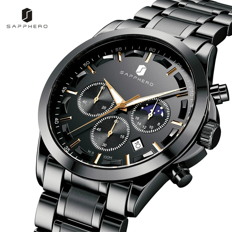 SAPPHERO Reloj de acero inoxidable para hombre, reloj de cuarzo de lujo para negocios, resistente al agua hasta 100 m, reloj de pulsera informal con fecha para hombre