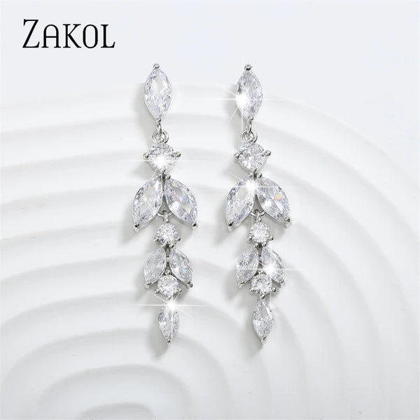 ZAKOL Elegant Leaf Shaped Zirconia Dangle Earrings for Women Shiny CZ Bridal Long Earring Luxury Wedding Engagement Jewelry