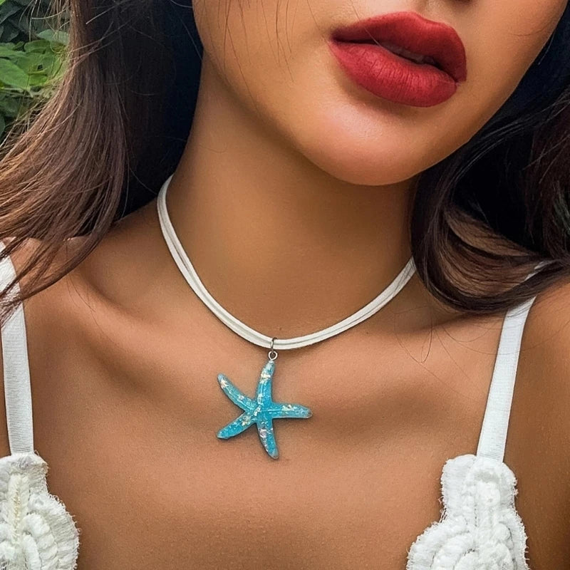 Collar con colgante de estrella de mar grande a la moda, gargantilla sencilla, cadena para el cuello con dije simple, cadena de clavícula de cuerda blanca, joyería para fiesta