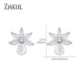 ZAKOL Fashion Simple Leaf Cubic Zirconia Pearl Drop Stud Earrings for Women Elegant Bride and Bridesmaid Earring Wholesale