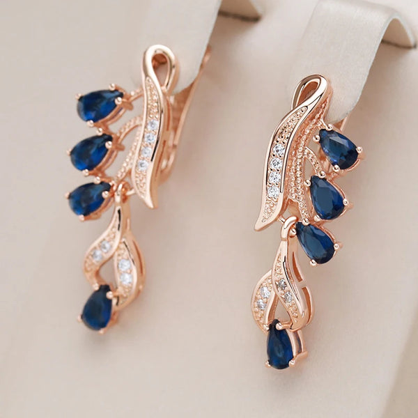 Kinel Hot Blue Stone Leaf Shape Long Dangle Earrings For Women 585 Rose Gold Color Natural Zircon Accessories Daily Fine Jewelry