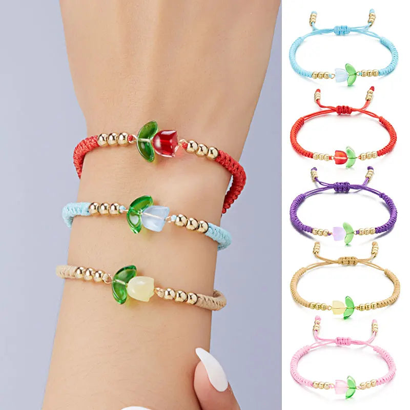 Pulsera de lujo con tulipanes morados y ligera para mujer, pulsera con cuentas de flores de resina coreanas ajustables, joyería de amistad hecha a mano