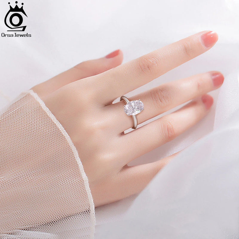 ORSA JEWELS Anillos de plata de ley 925 con diamantes de talla ovalada y circonita cúbica de primera calidad de 8A para mujer, anillos de solitario de moda, joyería de boda LZR06