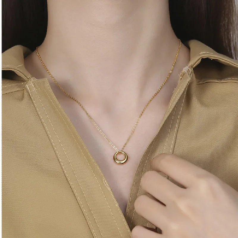 OIMG 316L Stainless Steel Gold Silver Color Korean Simple Geometric Circle Necklace for Women Girls Wholesale Jewelry Not Fade