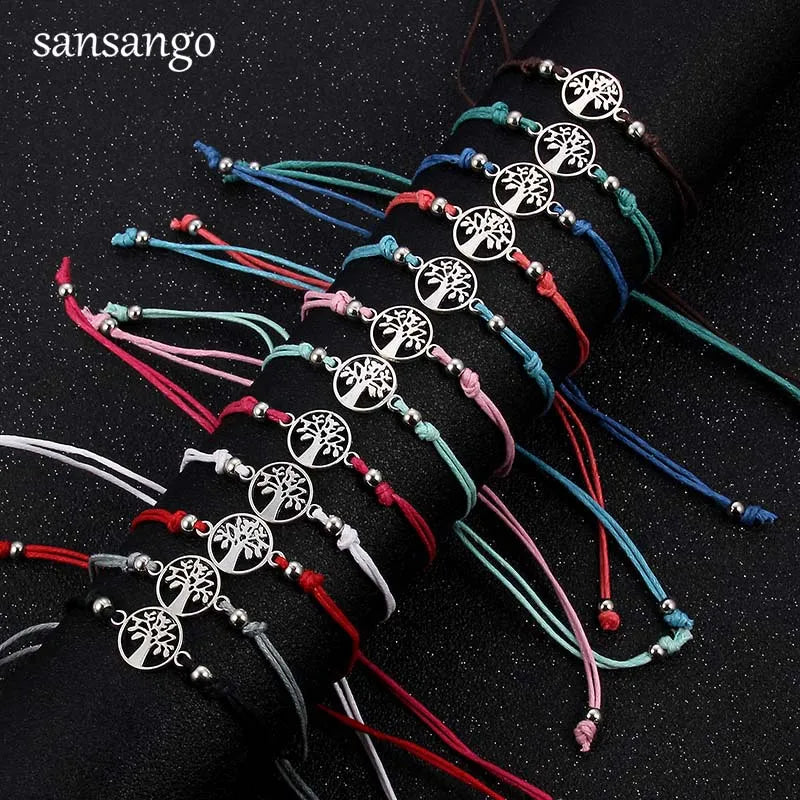 12Pcs/lot Silver Color Life Tree Charms Braided Bracelet Set for Women Child Adjustable Rope Wristband Bracelet Jewelry Gifts