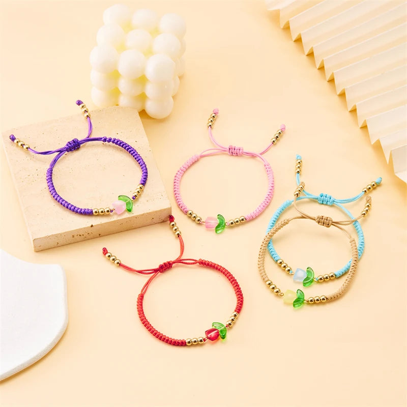 Pulsera de lujo con tulipanes morados y ligera para mujer, pulsera con cuentas de flores de resina coreanas ajustables, joyería de amistad hecha a mano