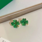 Korean Version Green Heart Shape Four-leaf Clover Earrings Women's All-match Temperament Earrings Gold Color Earrings