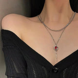 Y2K Red Zircon Rose Pendant Necklace Layered Flower Stone Chain Necklaces Irregular Floral Aesthetic Egirl Necklace Jewelry Gift